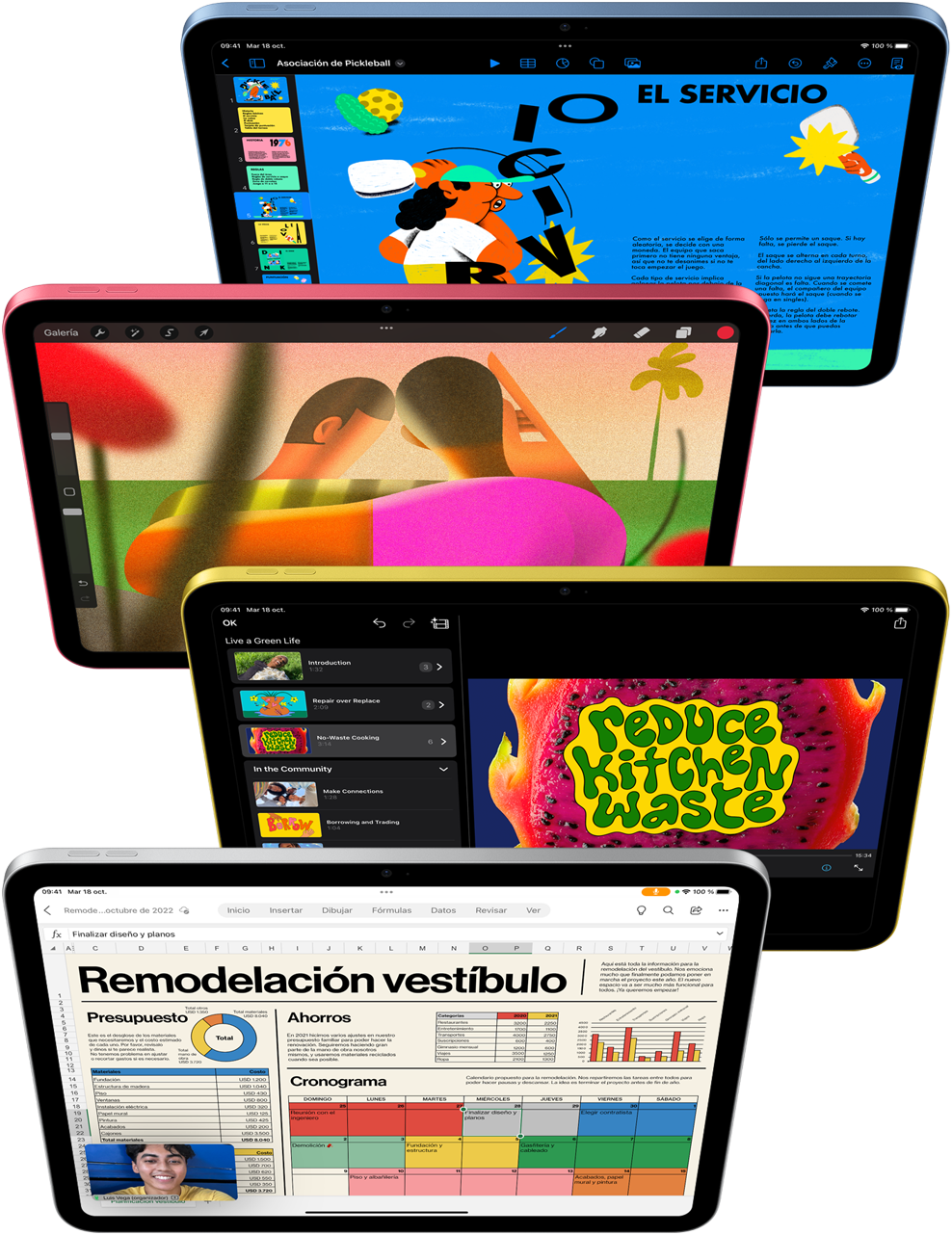 Se muestran las apps Keynote, Procreate, iMovie y Microsoft Excel con WebEx.